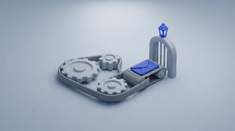 Three grey gears driving a belt that carries a blue envelope toward a grey gate topped with a blue lamp