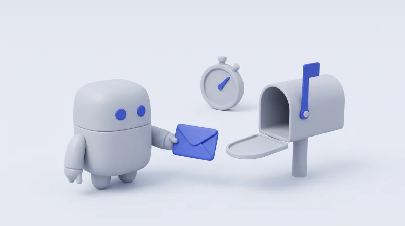 A small grey robot holding a blue envelope out to an open mailbox, with a stopwatch waiting between them