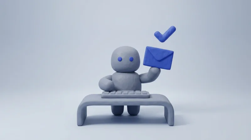 A small grey robot at a grey desk holding up a blue envelope, one hand on a keyboard, with a blue tick floating above