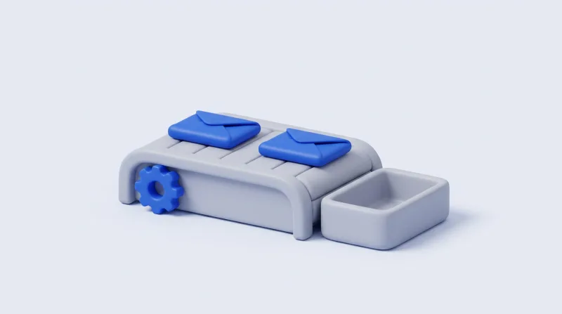 A grey conveyor belt driven by a blue cog, carrying two blue envelopes towards an open grey tray