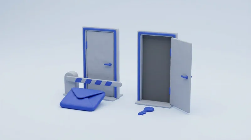 A blue envelope stopped by a lowered grey barrier before a closed door, while a second door beside it stands open with a small blue key in front