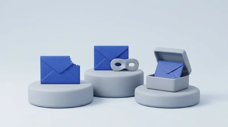 Three grey pedestals holding a blue envelope with a torn corner, a blue envelope behind a small grey mask, and a blue envelope in an open grey box