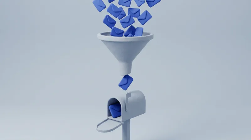 Dozens of small blue envelopes pouring into a wide grey funnel that feeds a grey mailbox