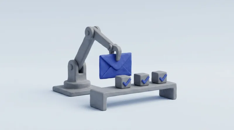 A grey mechanical arm lowering a blue envelope onto a bench of three grey cubes marked with blue ticks