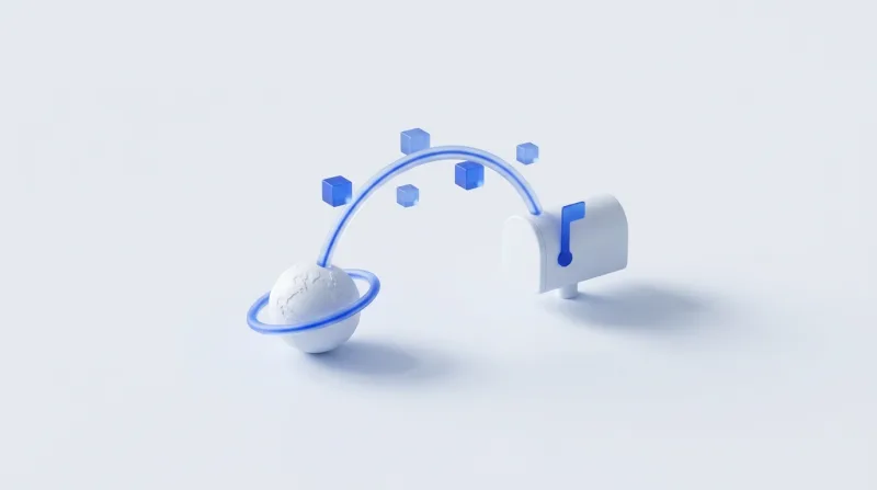 A white globe with a blue route arcing over network cubes into a mailbox