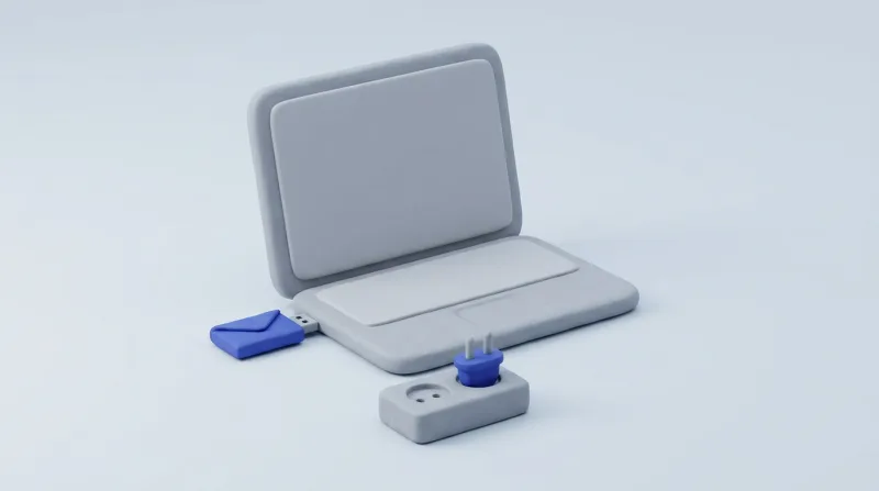 An open grey laptop with a blue envelope plugged into its side like a USB key, and a blue plug resting in a grey socket in front