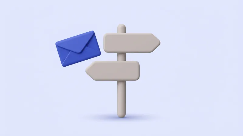 A blue envelope floating beside a grey signpost with two blank arm-boards pointing in different directions
