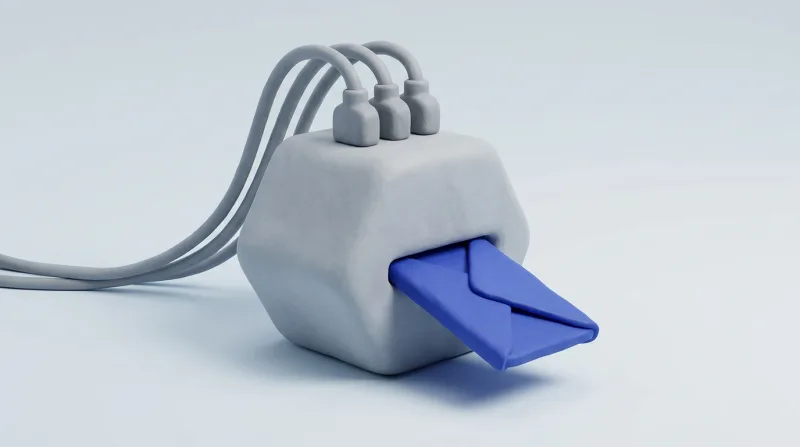 A grey hexagonal block with three grey cables plugged into its top and a blue envelope sliding out of a slot on its front