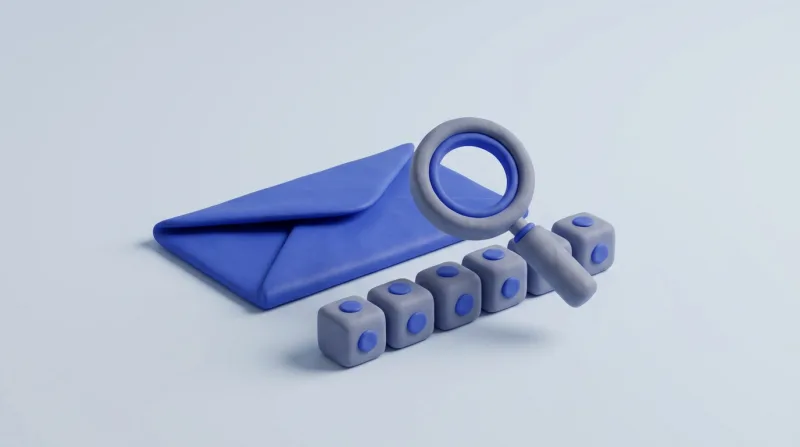 An open blue envelope with six small grey blocks lined up in front of it, each marked with a blue dot, under a grey magnifying glass