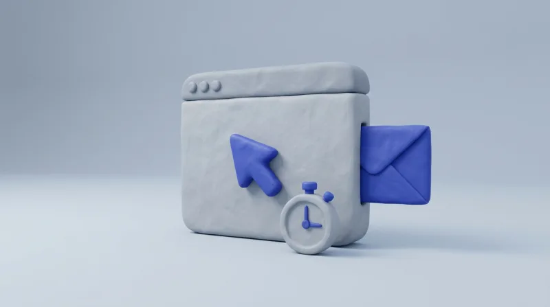 A grey browser window with a blue cursor arrow, a blue envelope sliding into a slot in its side, and a grey stopwatch in front