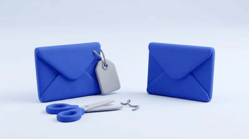 A blue envelope with a small grey tag hanging from its corner, a pair of scissors and a cut length of string in front of it, and a second blue envelope standing plain with no tag at all