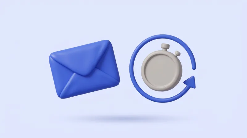 A blue envelope floating beside a grey stopwatch with a blue circular arrow looping around it