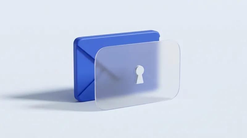 A blue envelope standing behind a frosted glass panel with a keyhole in it