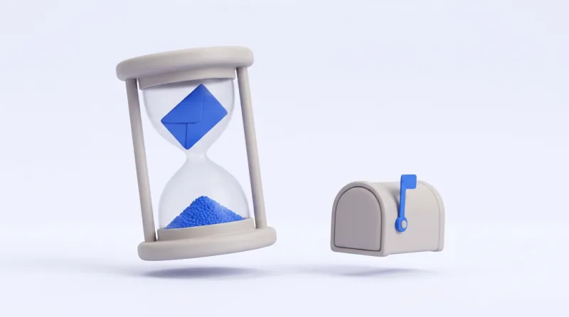 A light grey hourglass with a blue envelope in its upper bulb and blue sand already gathered below, beside a closed grey mailbox