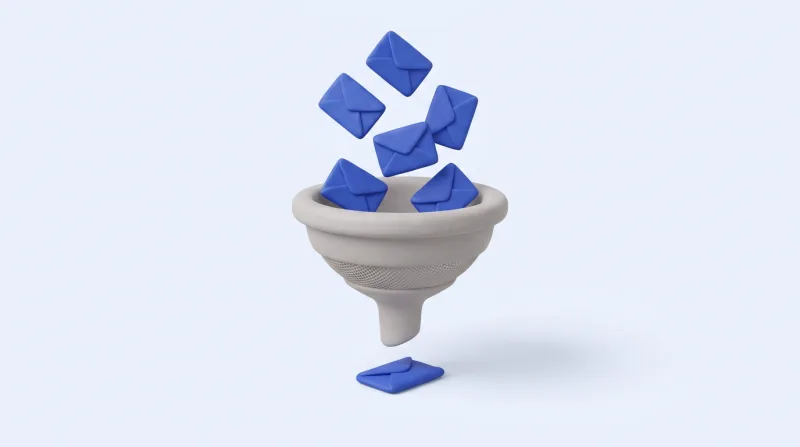 A grey funnel with blue envelopes tumbling towards its mouth and two caught on the rim, and a single blue envelope that has passed through lying flat below the spout