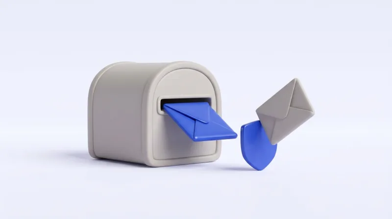 A blue envelope sliding into a grey mailbox while a second envelope is turned away by a blue shield