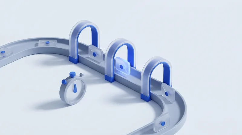 Envelopes travelling along a track through three arch gates, with a stopwatch beside it