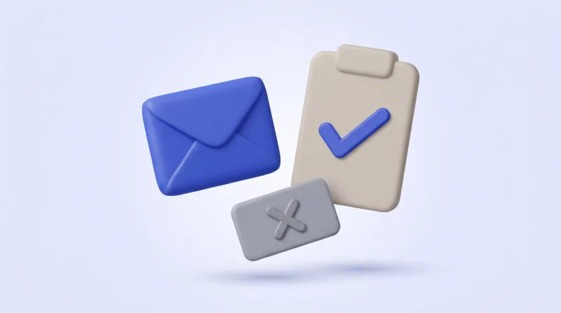 A blue envelope floating beside a grey clipboard marked with a large blue tick, with a smaller grey card marked with a cross tilted in front of them