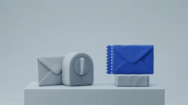 A grey kitchen timer with its dial almost at zero and an envelope resting against it, next to a single blue envelope with a perforated edge on a small pedestal