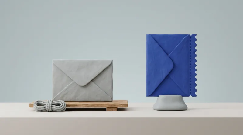 A grey envelope resting on a short wooden deck plank beside a coiled grey rope, next to a single blue envelope with a perforated edge on a small pedestal
