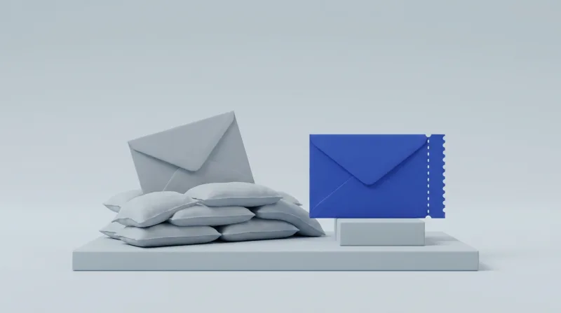 A grey envelope peeking out from behind a low wall of stacked sandbags, next to a single blue envelope with a perforated edge on a small pedestal