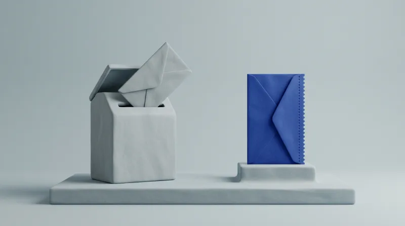 A grey envelope dropping into the slot of a grey box with a raised lid, next to a single blue envelope with a perforated edge on a small pedestal