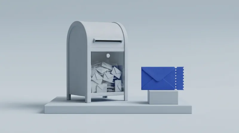 A large grey mailbox with a glass front packed with dozens of tiny envelopes, beside a single blue envelope with a perforated edge on a small pedestal
