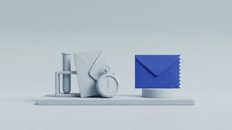 A grey test tube in a small rack with a stopwatch beside it and an envelope propped against the rack, next to a single blue envelope with a perforated edge on a small pedestal