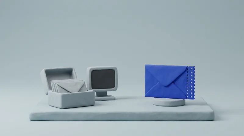 A small grey box with envelopes stacked inside it and a tiny grey terminal screen standing behind, next to a single blue envelope with a perforated edge on a small pedestal
