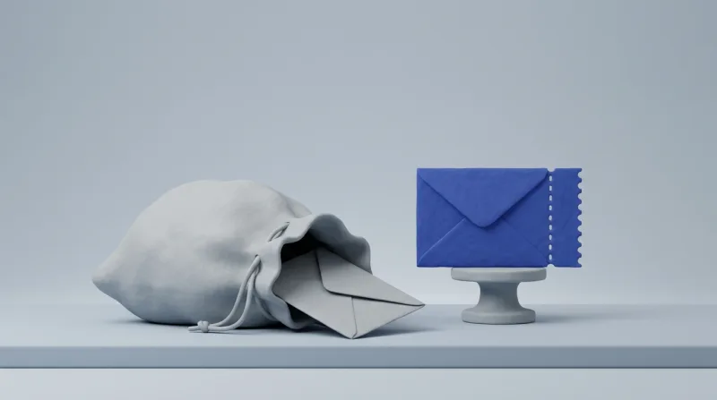 A grey drawstring sack bulging with envelopes, its neck open with one envelope spilling out, beside a single blue envelope with a perforated edge on a small pedestal