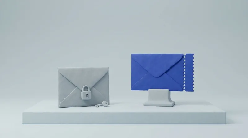 A grey envelope closed with a small padlock and a tiny key lying beside it, next to a single blue envelope with a perforated edge on a small pedestal
