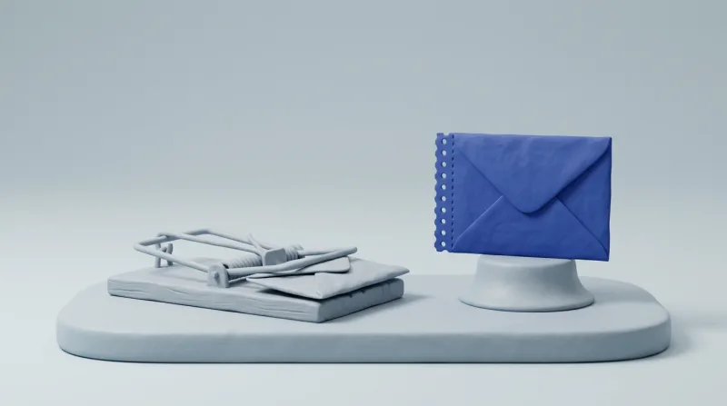 A grey spring-loaded trap with an envelope caught under its bar, next to a single blue envelope with a perforated edge on a small pedestal
