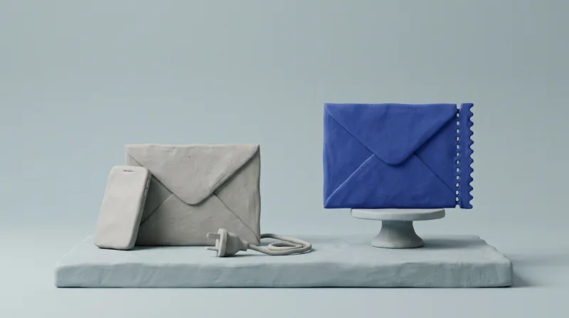 A grey envelope with a tiny smartphone leaning against it and a small electrical plug lying in front, next to a single blue envelope with a perforated edge on a small pedestal