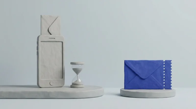 A grey smartphone standing upright with an envelope sliding out of its screen and a small hourglass almost run out beside it, next to a single blue envelope with a perforated edge on a small pedestal