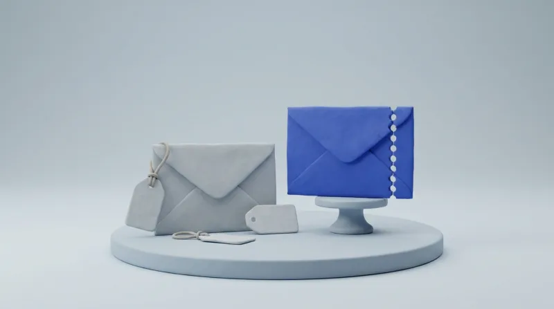 A grey luggage tag on a cord tied to a grey envelope, with a second small blank tag beside it, next to a single blue envelope with a perforated edge on a small pedestal