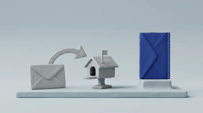 A grey envelope with a curved arrow leading from it to a small grey house-shaped mailbox, next to a single blue envelope with a perforated edge on a small pedestal